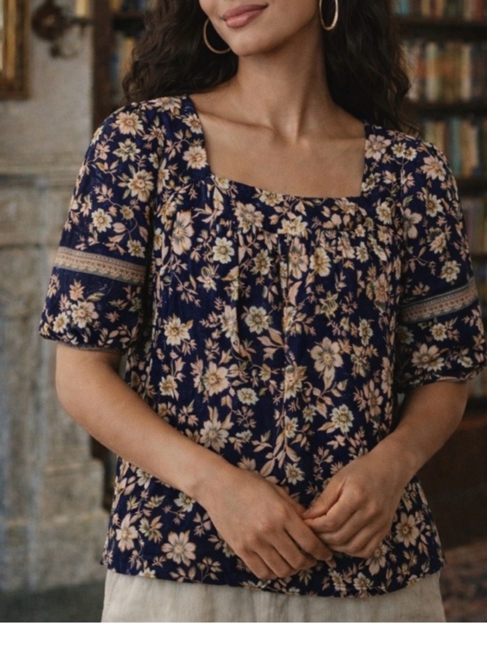 Roan + Ryan Soren Square-Neck Puff Sleeve Blouse Women Size Medium Boho Floral